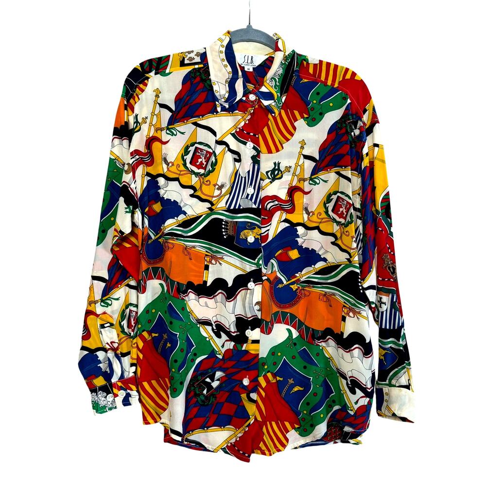 SLB By Sunny Leigh Vintage 100% Silk Nautica Blouse M Buttoned Front Closure